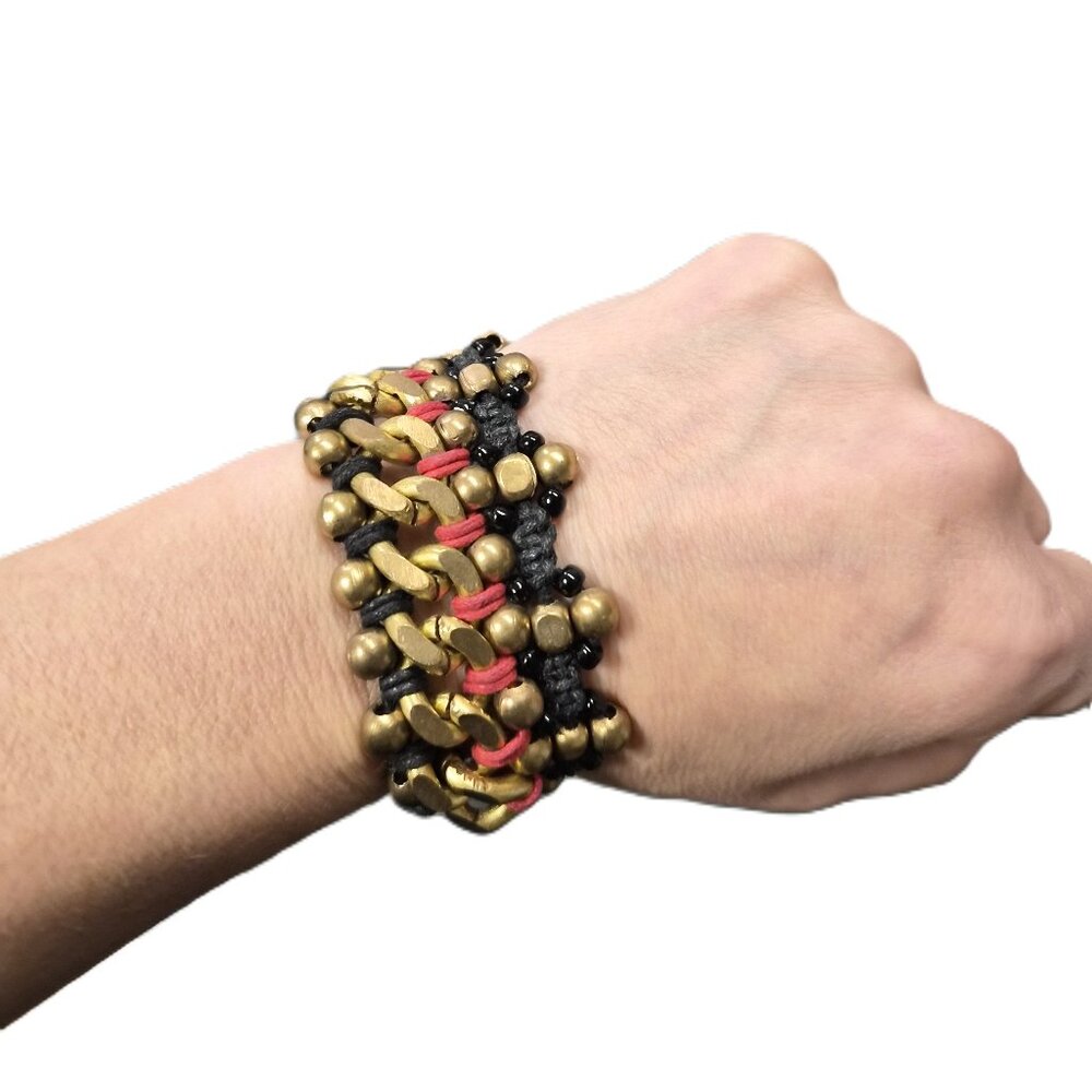 VTG Brass Beaded Bracelet – Red & Black Woven Adjustable Boho Artisan Tribal